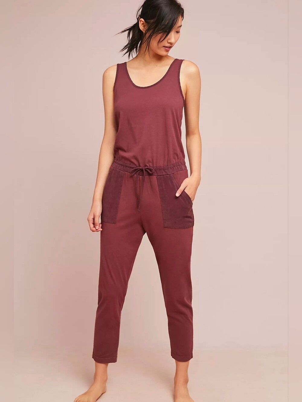 Anthropologie NEW T.La Gemistus Burgundy Red Cross-Back Crop Jumpsuit SZ Small